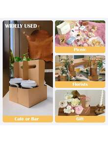 带手柄的 2 杯饮料托架，8 个牛皮纸杯托，一次性杯托，用于饮料咖啡或食品配送，外带杯托（棕色，8 个）