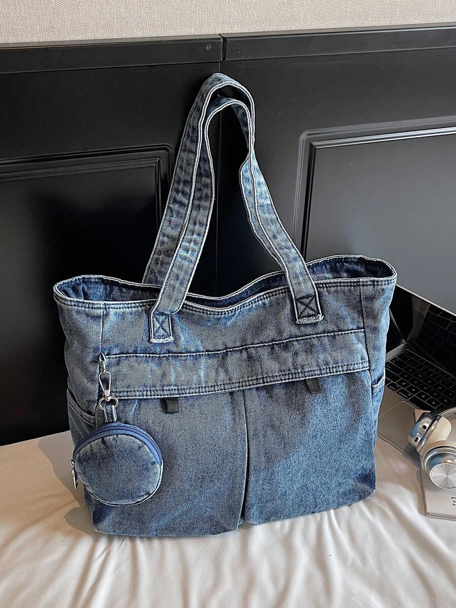 新款休闲纯色水洗帆布手提包，大容量女士单肩包，多口袋设计，适合通勤和购物，内含零钱包