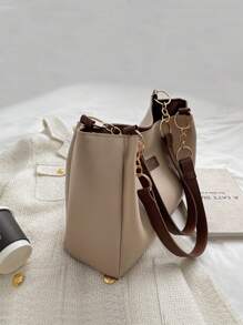 女士复古字母印花托特包，大容量手提包，夏季海滩度假旅行单肩包 - 卡其色 - 查看 2