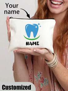 Customized Name Toothbrush, Tooth Print Cartoon Bag, Women's Cosmetic Bag, School Pencil Bag, Travel Toiletry Bag, Women's Reusable Toiletry Bag Storage Bag Handbag Coin Purse Party Gift School Pencil Case Dentist Gift Cosmetic Bag School Supplies Travel Essentials Cosmetic Bag Holiday Essentials Cosmetic Bag Cosmetic Storage Bag Holiday - White - View 24