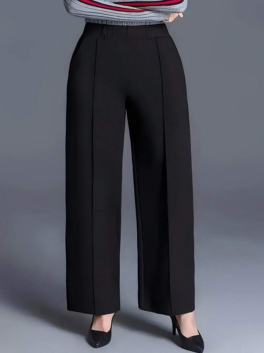 Plus Size Women's Straight Leg Knit Pants, Medium Stretch Fabric Black Spring