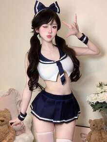 1 Conjunto de lencería sexy para mujer con cuello, decoración de lazo, minifalda plisada, estilo estudiantil (incluye tanga, diadema, brazalete), disfraz de Halloween, vestido de fiesta - Azul y blanco - Ver 1