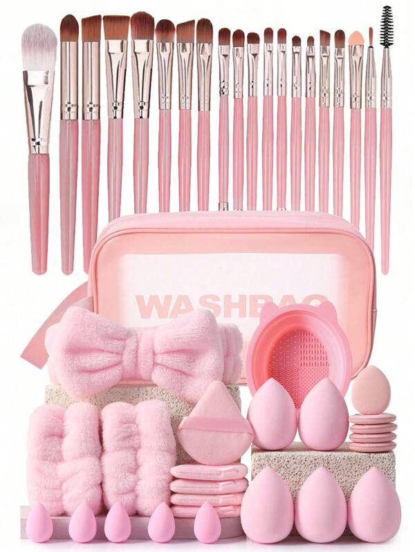 45 Stück Make-up Pinsel Set, gemischte Make-up Beauty Tools, inklusive: 20 Stück Make-up Pinsel, 1 Stück Make-up Tasche, 5 Stück Beauty Eier, 5 Stück Puderquasten, 5 Stück Mini Beauty Eier, 5 Stück Mini Finger Puderquasten, 1 Stück Stirnband, 2 Stück Armbänder, 1 Stück Reinigungswerkzeug, Grundlegende Make-up Pinsel, Schnelles Make-up, geeignet für Anfänger und professionelle Make-up Künstler