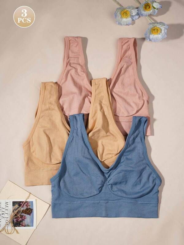 طقم حمالة صدر نسائية بدون أكمام مريح بدون أسلاك 3 قطع، متعدد الألوان