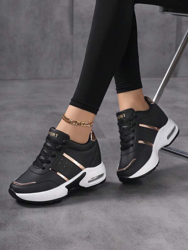New Multifunctional Plus Size Air Cushion Light Leather Upper Elevator Shoes For Women, Black & Gold Stylish Platform Heeled Casual Sneakers With Shock Absorption