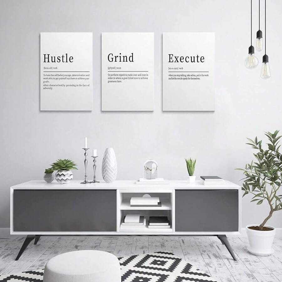 GUBIYU Black Hustle Grind Execution Wall Art Set Of 3 Framed Canvas Office Inspirational Motiviational Wall Decor Art Positive Quotes Posters Living Room Pictures Walls Decor Mens Guys 12x16 - A013 黑白 - 查看 1