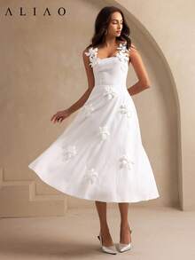 Vestido de mujer con tirantes sin mangas con flores 3D Aliao, vestido de novia para invitados, vestidos de fiesta de graduación, trajes de ducha nupcial, atuendos para el brunch para mujeres - Blanco - Ver 7
