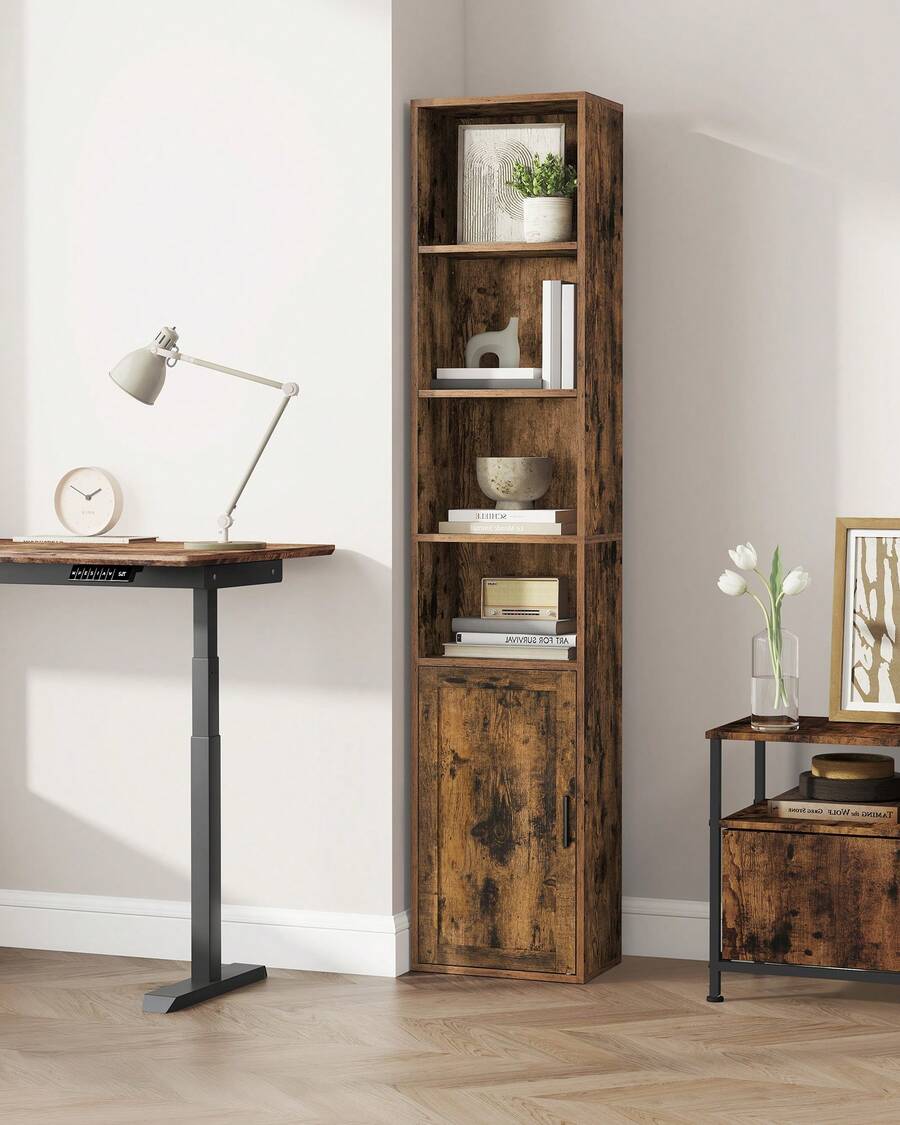 VASAGLE Custos Collection - Bibliothèque, Étagère Haute sur 6 Niveaux, avec Porte, Meuble de Rangement Ouvert, 24 x 31,8 x 175 cm, pour Salon, Bureau, Salle à Manger, Marron Rustique - Acajou - Voir 1