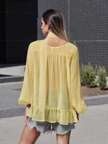 Women's Autumn Sheer Mesh Tops Long Sleeve V Neck Ruffle Trim T-Shirt With Scarf - Yellow - View 8