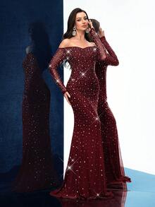 QOQ Elegancka, urocza, wiosenna, letnia, gorąca, formalna sukienka damska z kryształkami, szykowna, wieczorowa suknia na wieczorne przyjęcie, koktajl, przyjęcie obiadowe, koncert, bal charytatywny, przyjęcie urodzinowe, czarne, z odkrytymi ramionami, smukłe, długie rękawy, długość podłogi