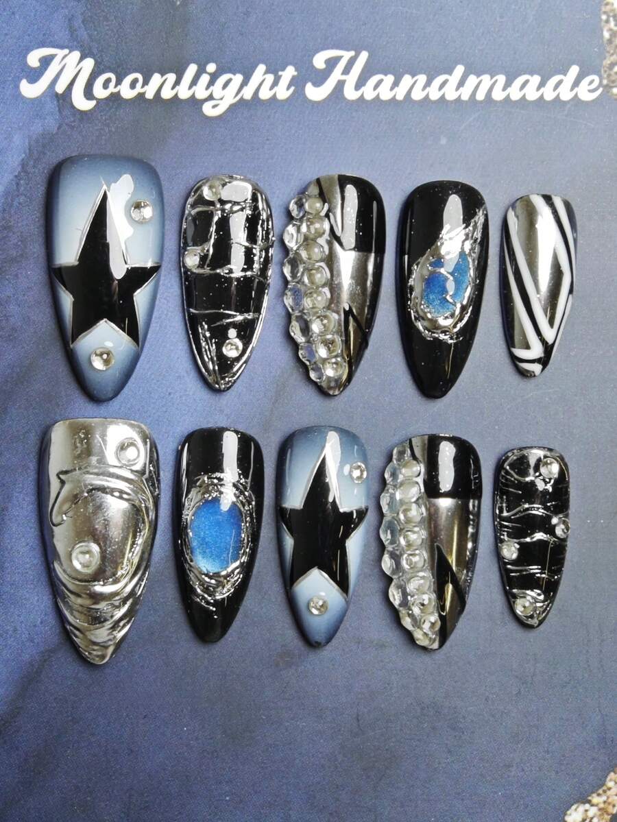 10pcs Handmade Y2K Style Medium Almond Nail Tips, Featuring Black Gradient, Blue Gradient, Hand Drawn Pentagram, And Sparkling Diamond Nail Art Decoration. Suitable For Women To Wear At Parties, Dances, And In Daily Life. - 彩色 - 查看 1