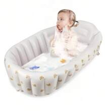 1个/多种图案可选 便携式小熊印花充气婴儿浴盆，防滑设计，可折叠易收纳，柔软靠背支撑，适合新生儿洗澡，居家旅行皆宜