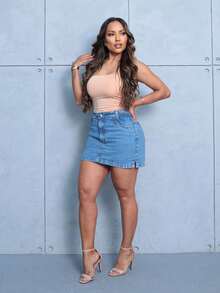 Shorts Jeans Skirt With Side Opening - 中等水洗藍 - 查看 8