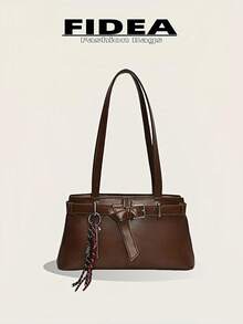 Fashionable Women Tote Bag, Solid Color Minimalist PU Leather Retro Style, Suitable For Dating, Shopping, Versatile, With Keychain Pendant - Brown - View 2