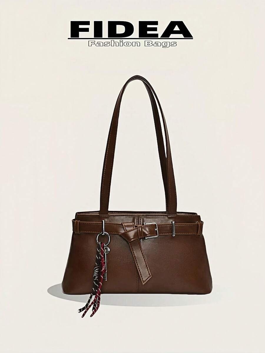 Fashionable Women Tote Bag, Solid Color Minimalist PU Leather Retro Style, Suitable For Dating, Shopping, Versatile, With Keychain Pendant