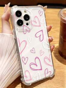 1 Piece Girl Style Pink Heart Pattern Transparent Non-Slip Shockproof Soft Phone Case Compatible With IPhone 11/12/13/14/15/16 Pro Max Waterproof Scratch-Resistant - 無色 - 查看 1