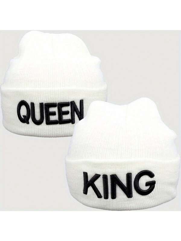 2 Stücke schwarze unisex gestrickte Mütze mit "Queen" und "König" Stickerei, Ohrenschutz, Winter Straße