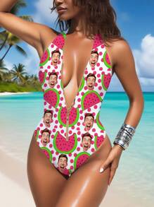 1 pieza Traje de baño personalizado para mujer, con diseño facial personalizado, con cremallera y espalda descubierta, de cintura alta y sin mangas, sexy y femenino, adecuado para piscina, playa y vacaciones, traje de baño para niñas