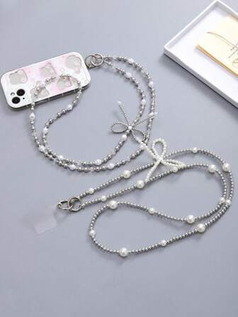 1 pièce Lanière à perles et nœud papillon, porte-carte transparent, charm de téléphone