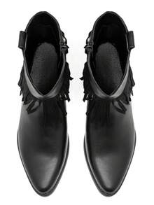 calcena Bottines western pour femme avec franges spectaculaires, bottines de cowboy bohèmes à bout pointu et talon bas incliné, style festival bohème, chaussures en PU à enfiler pour l'été/l'automne - Noir - Voir 4