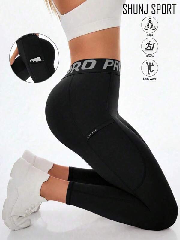 Plus Size 1pc Spring & Autumn New Arrival Hot Selling Letter Waist Yoga Pants, Women's Lifting Tummy Control Outer Wear Leggings, Black With Side Pockets Outdoor Casual Versatile Fitness Pants - Suitable For Daily Wear