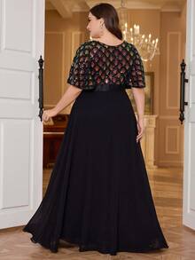 UNITHORSE Polyester Regular Round-Neck Dress,Sequin Patchwork Design Chiffon Brideamaid Dresses - Black - View 3