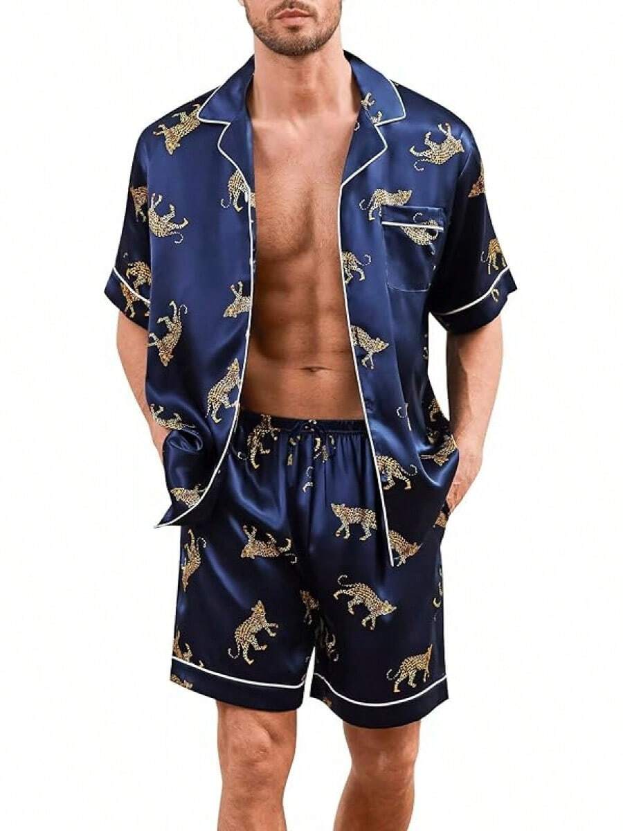 Men Silk Pajama Set Short Sleeve Satin PJs Sets 2 Piece Button Down Sleepwear Soft Summer Loungewear With Pocketshalloween - Navy Blue Leopard - View 1