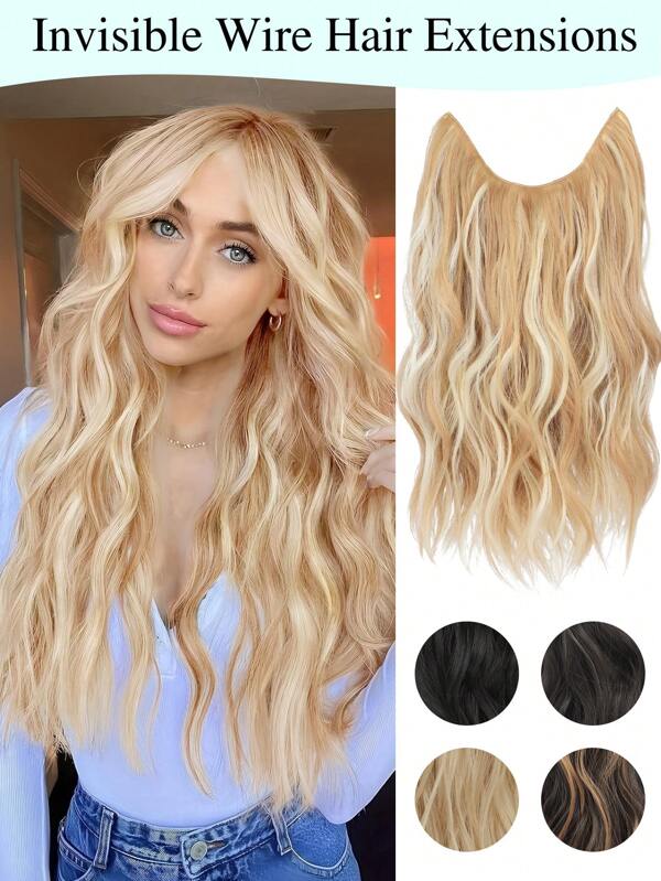 Invisible Wire Hair Extensions 20 Inch Long Wavy Synthetic Hairpiece With Transparent Wire Adjustable Size, 4 Secure Clips For Women And Girls Daily Use