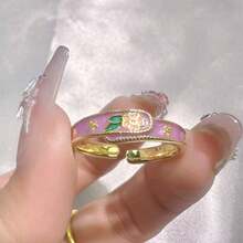 1 pieza Anillo exquisito con estampado floral de melocotón y esmalte de goteo estilo chino vintage - Anillo de flor de durazno - Ver 11