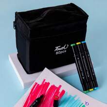 黑色耐用帆布铅笔盒，便携可折叠 - 办公和美术用品必备，包含储物袋、学校礼品槽、大容量拉链笔筒，学生的理想选择（随机徽标设计）