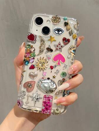 1pc Rhinestone Eyes 2D Pattern Painted Transparent Airbag Shockproof TPU Phone Case Compatible With Apple & Series Waterproof Anti-Fall Scratch Resistant