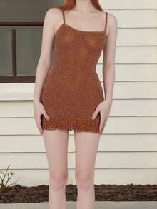 Women Knit Sleeveless Dress Summer Frayed Hem Solid Color Mini Bodycon Party Dress For Vacation Beach Streetwear - 橘色 - 查看 2