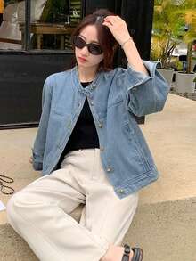 Áo khoác denim nữ tay dài cài nút phía trước cổ điển, mùa xuân và mùa thu - Màu xanh lam - Xem 7