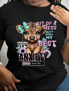 Plus Size Women's Highland Cow Shirt, Casual Crew Neck T-Shirt With Funny Highland Cow Graphic, Just A Girl Who Love Cow Short Sleeve For Daily Wear, Great Gift For Highland Cow Fans & Farm Highland Cow Mom, Ladies' Daily Wear Casual Style For All Seasons - 黑色 - 查看 1