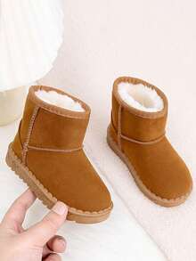 2025新款儿童冬季纯色雪地靴，幼儿男童女童厚毛绒冬鞋，适合冬季露营和户外活动（鞋底图案随机） - 棕色 - 查看 5