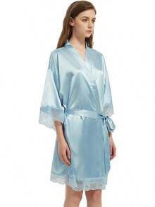 Women's Satin Robe Silk Robe Lace Bridal Robes For Bride Bridesmaid Robes Silky Bathrobe Getting Ready SleepwearHalloween Christmas New Year - 淺藍色 - 查看 4