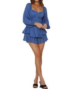 Women Puff Long Sleeve Romper Off Shoulder Ruffle Flowy Short Jumpsuit Layered Pirate Dress With Shorts Playsuit - Blue - View 5
