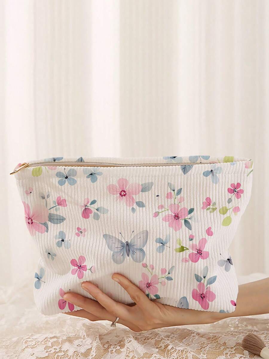 1pc Portable Butterfly & Flower Pattern Dual-Sided Printed Zipper Makeup Bag, Multifunctional Travel Toiletry Organizer Pouch,Fall Decor,Autumn Decor,Room Decor - Multicolor - View 1