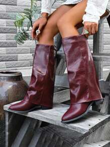 Women's Mid-Calf Boots, Red Pointed Toe Leather Slip-On Chunky Heel Tall Boots, Riding Boots, Cowboy Boots, Pant Leg Boots, Western Boots, Everyday Wear Red Women Boots - Red - View 1