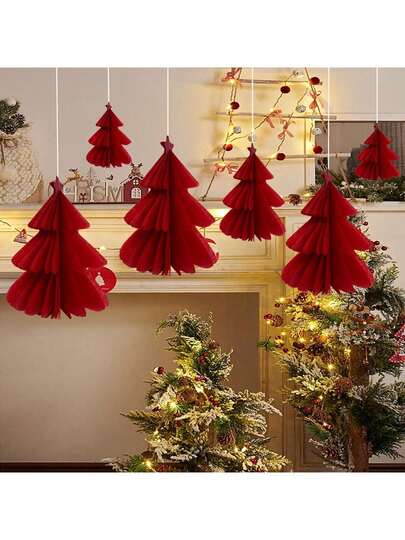 6pcs 3D Paper Christmas Tree Decorations Flag, Suitable For Party, Shop Display Window Background