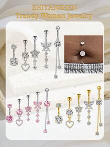 Set de 5 piezas de 14g de barras de ombligo de acero inoxidable con aros colgantes de ombligo para mujer, joyería de perforación con colgantes de corazón, flor y mariposa en plata y oro