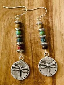 2 piezas Pendientes geométricos retro bohemios con cuentas de metal y piedras naturales multicolor para mujeres, fiestas, uso diario, regalo