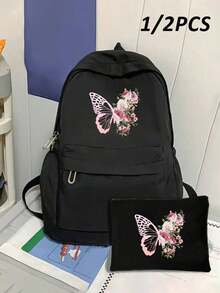 蝴蝶印花大号背包，适合少女，学生背包，时尚黑色青少年背包，适合学校和大学使用；经典长款拉链钱包，大容量，颜色和款式随机；返校笔记本电脑包和保护套 - 黑色 - 查看 12