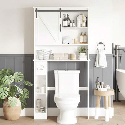 Multifunctional Over The Toilet Storage Cabinet Bathroom Shelf With Sliding Barn Door, Above Toilet Organizer With Toilet Paper Holder, Toilet Organizer Rack With Adjustable Shelf For Bathroom, Laundry