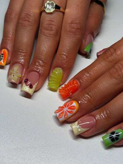 24 Pieces Of Summer Fruit Short Square Nails 3D Three-Dimensional Insect French Fake Nails Cute Girl Travel Office Essential Acrylic Press On Nails With Jelly Glue 1 Piece File 1