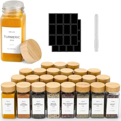 12/24 Pcs Square Plastic Spice Jars With Labels, 5.4 Oz Airtight Containers With Labels & Marker Pen, Kitchen Organizer Set With Plastic Wood Grain Lids, Spice Labels, Rust-Proof, Household Kitchen Supplies. Hand Wash Recommended.