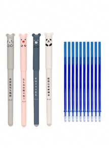 4pcs Pens With 20pcs Refills, Needle Tube, 0.35mm Cartoon Animal Themed Erasable Gel Pen Set
