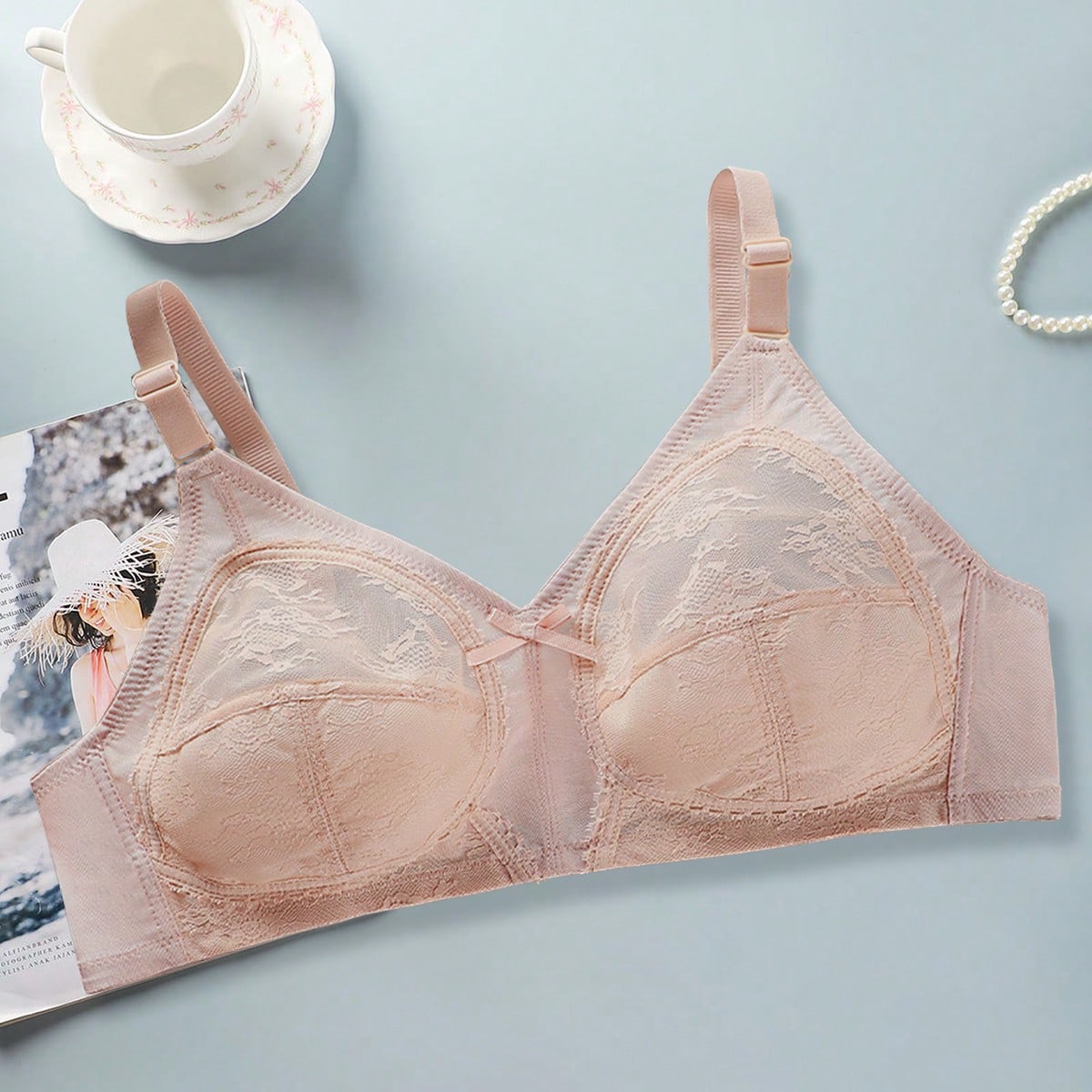 Pieza Sujetador sin aros con cobertura total de encaje para mujer, de unicolor, sexy, que levanta y brinda soporte, de estilo delgado y transpirable