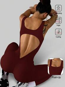 Aaseow Mujeres Mono Acampanado para Entrenamiento, Malla Elástica de Alto Rendimiento, Mono Sexy con Espalda Descubierta para Gimnasio, Mono Ajustado con Pliegues en el Trasero, Malla Moldeadora con Espalda en V - Burdeos - Ver 1