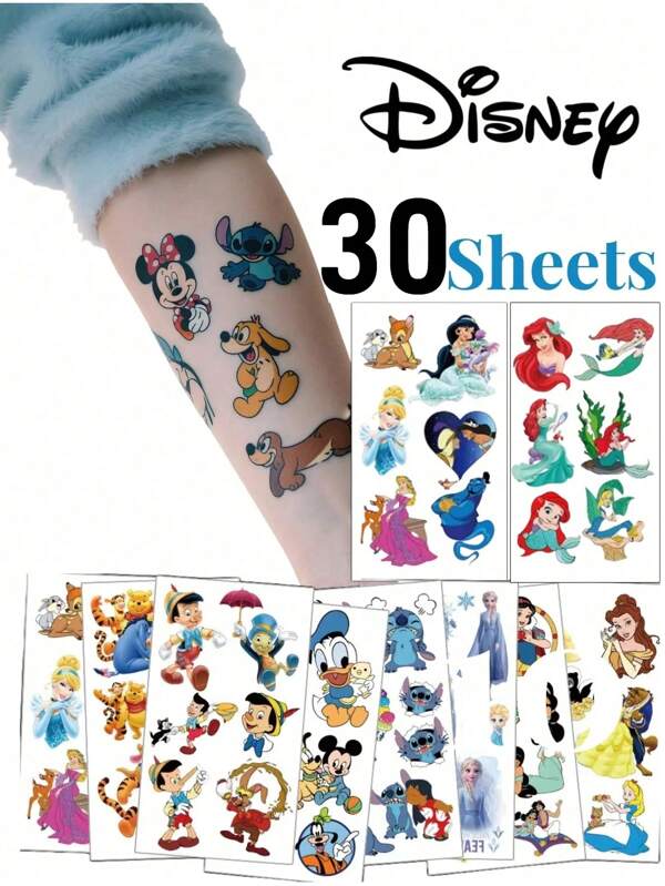 Disney Disney 30Sheets Waterproof Temporary Tattoo Stickers, Random Style Cute Cartoon Stickers Birthday Party Decoration For Cosplay & Daily Wear Disneys Stitchs Mickeys Minnies Donalds Snow Whites (Some Parts May Be Random)